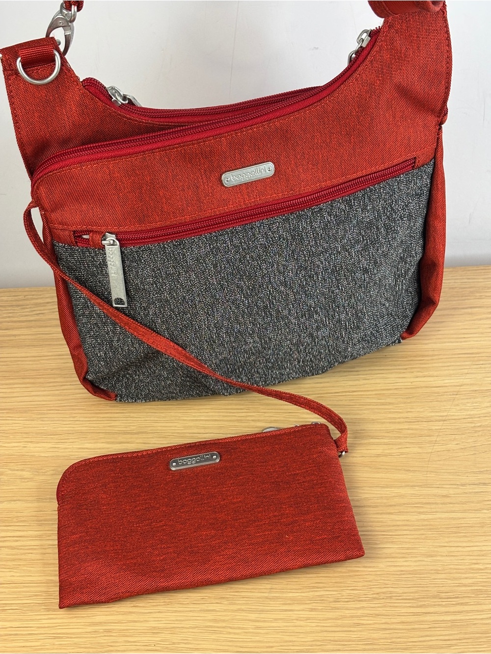 Baggallini Red / Gray Two-Tone Crossbody Bag with Attached Zip Pouch LIKE NEW